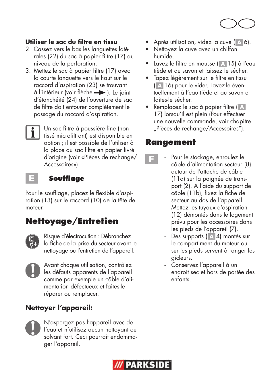 Nettoyage/entretien, Rangement, Fr ch | Parkside PNTS 1300 B2 User Manual | Page 19 / 48
