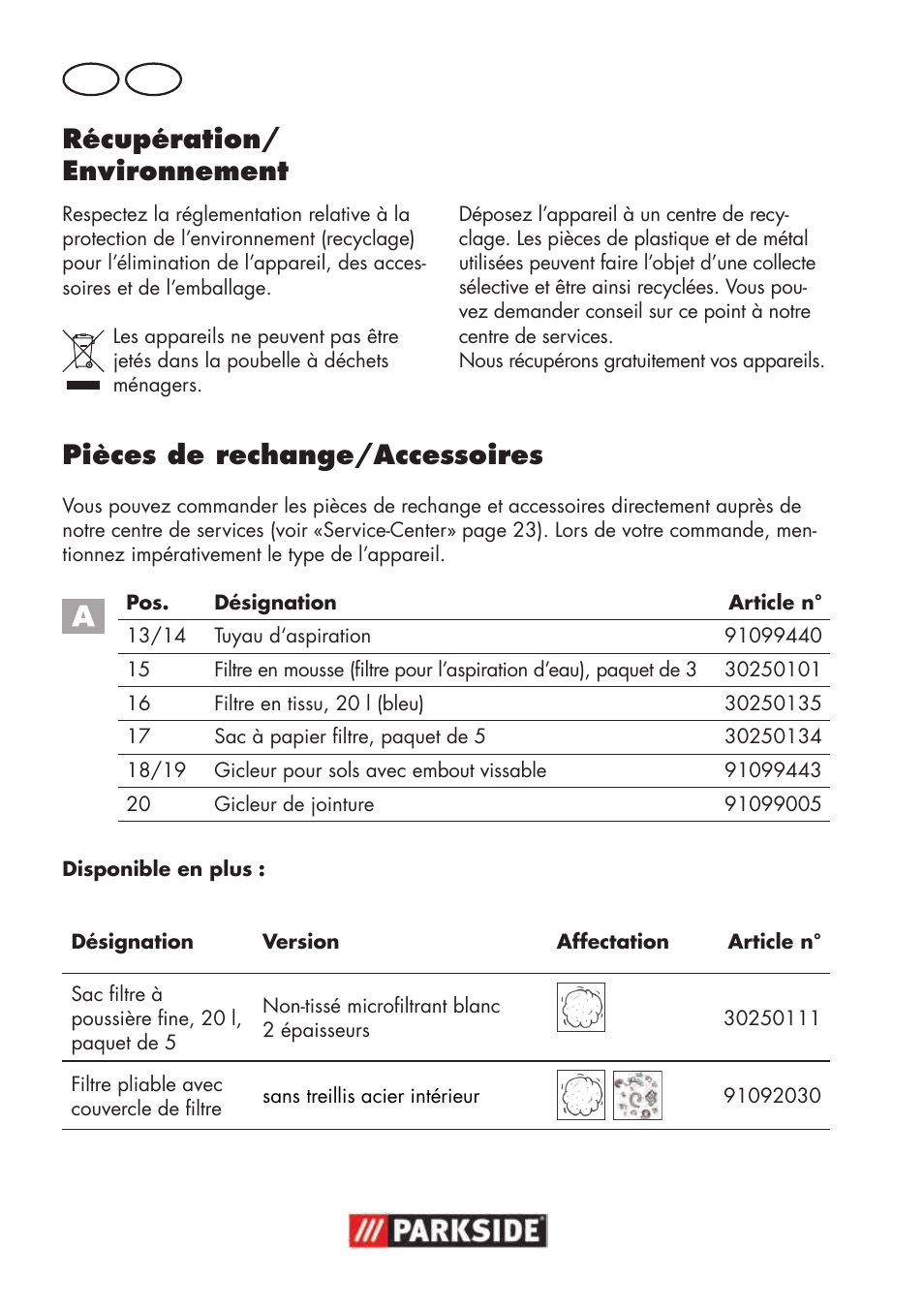 Récupération/ environnement, Pièces de rechange/accessoires | Parkside PNTS 1300 B2 User Manual | Page 20 / 48