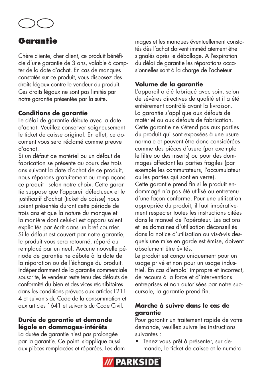 Garantie, Fr ch | Parkside PNTS 1300 B2 User Manual | Page 22 / 48