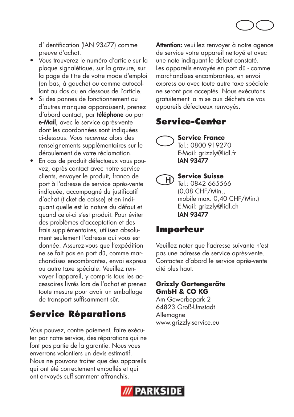 Service réparations, Service-center, Importeur | Fr ch | Parkside PNTS 1300 B2 User Manual | Page 23 / 48