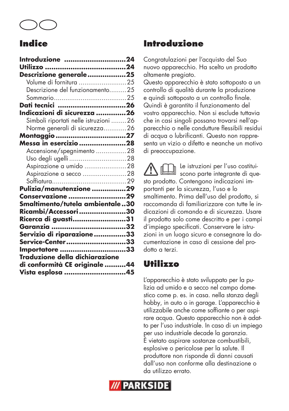 Indice, Introduzione, Utilizzo | It ch | Parkside PNTS 1300 B2 User Manual | Page 24 / 48