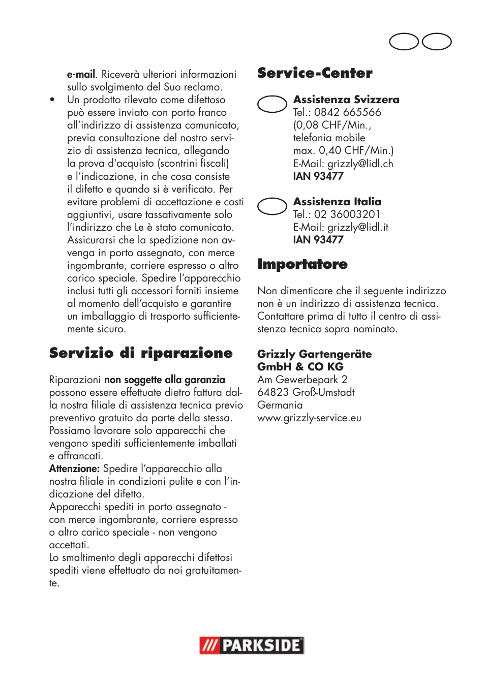 Servizio di riparazione, Service-center, Importatore | Parkside PNTS 1300 B2 User Manual | Page 33 / 48