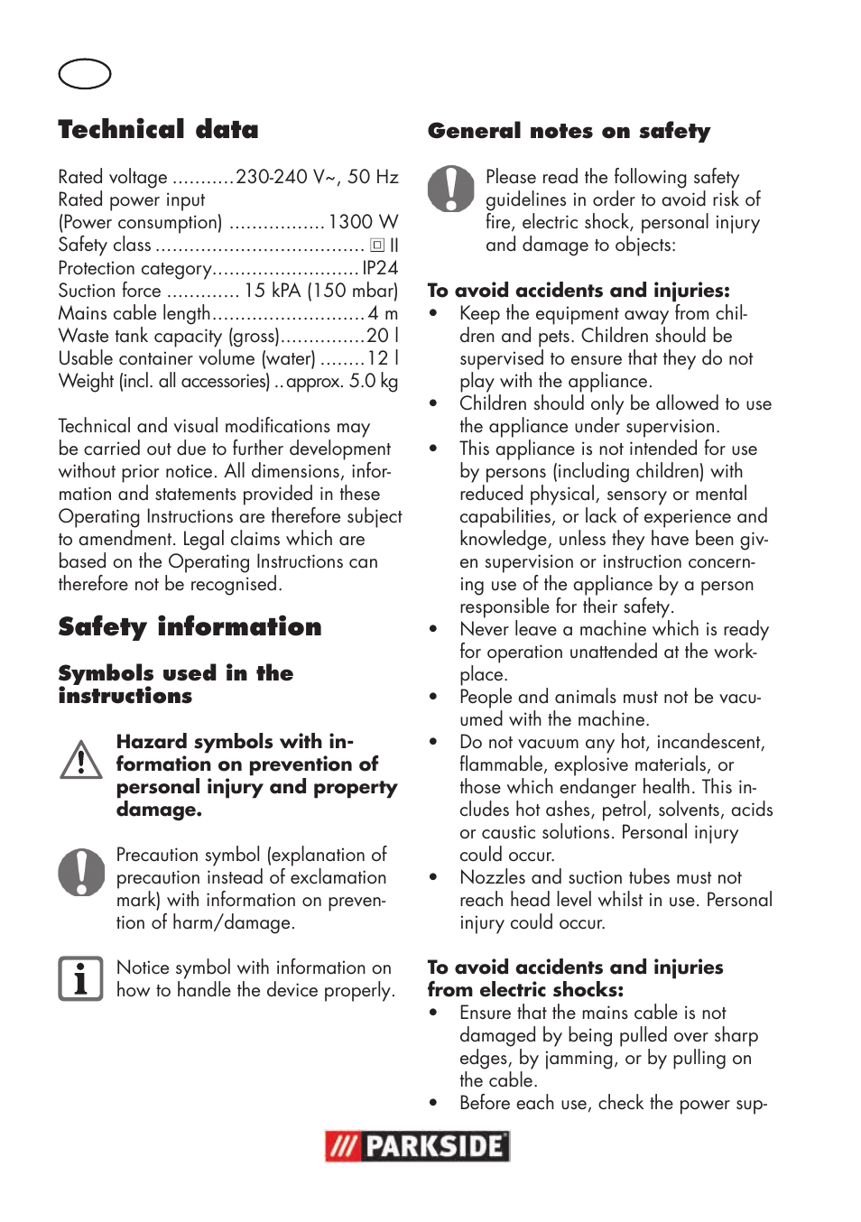 Technical data, Safety information | Parkside PNTS 1300 B2 User Manual | Page 36 / 48