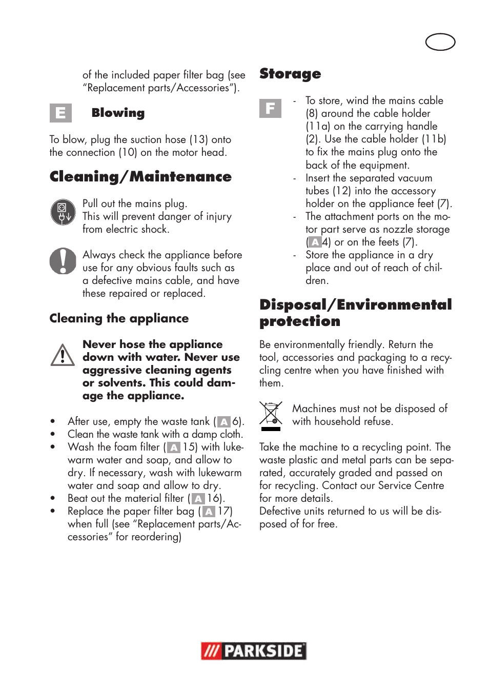 Cleaning/maintenance, Storage, Disposal/environmental protection | Parkside PNTS 1300 B2 User Manual | Page 39 / 48