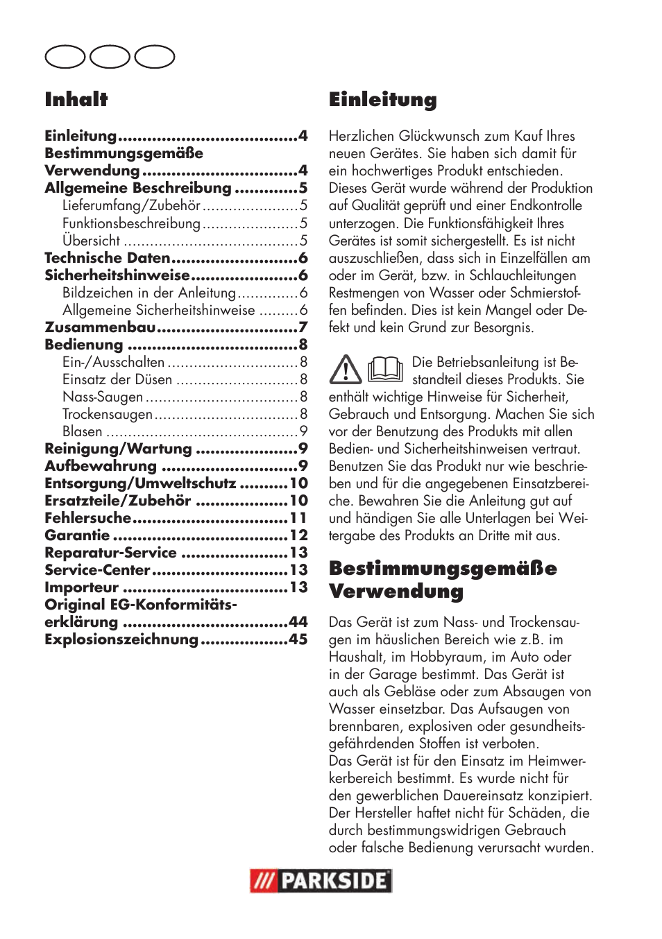 Inhalt, Einleitung, Bestimmungsgemäße verwendung | Parkside PNTS 1300 B2 User Manual | Page 4 / 48