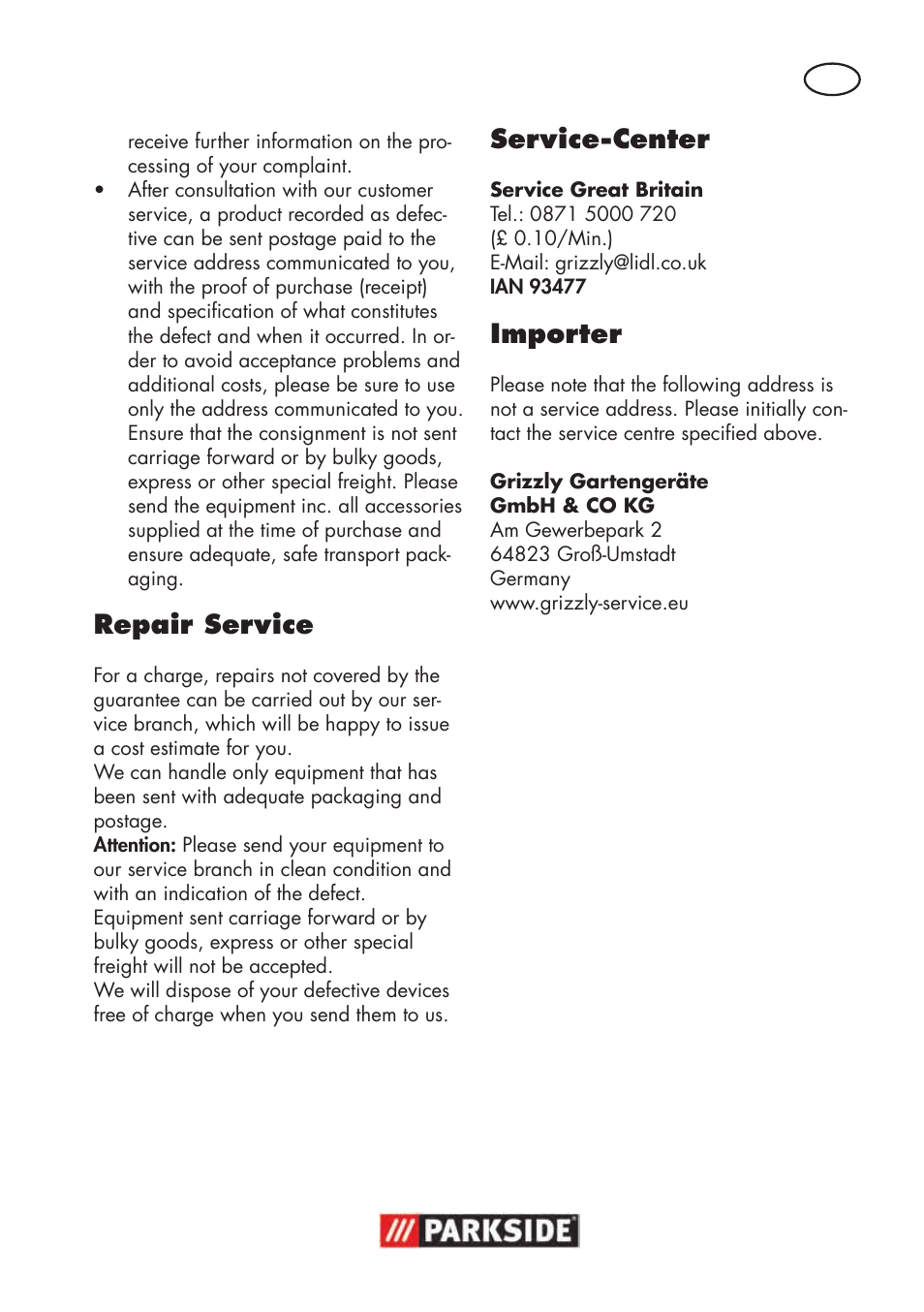 Repair service, Service-center, Importer | Parkside PNTS 1300 B2 User Manual | Page 43 / 48