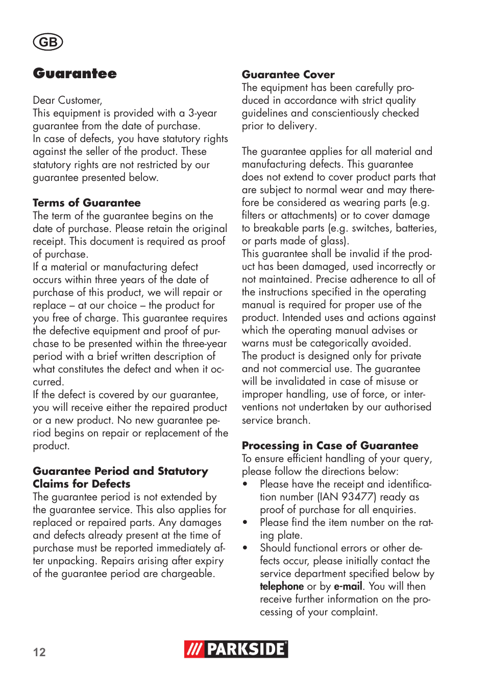 Guarantee | Parkside PNTS 1300 B2 User Manual | Page 12 / 68