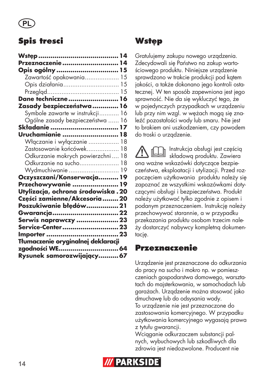 Spis tresci, Wstęp, Przeznaczenie | Parkside PNTS 1300 B2 User Manual | Page 14 / 68