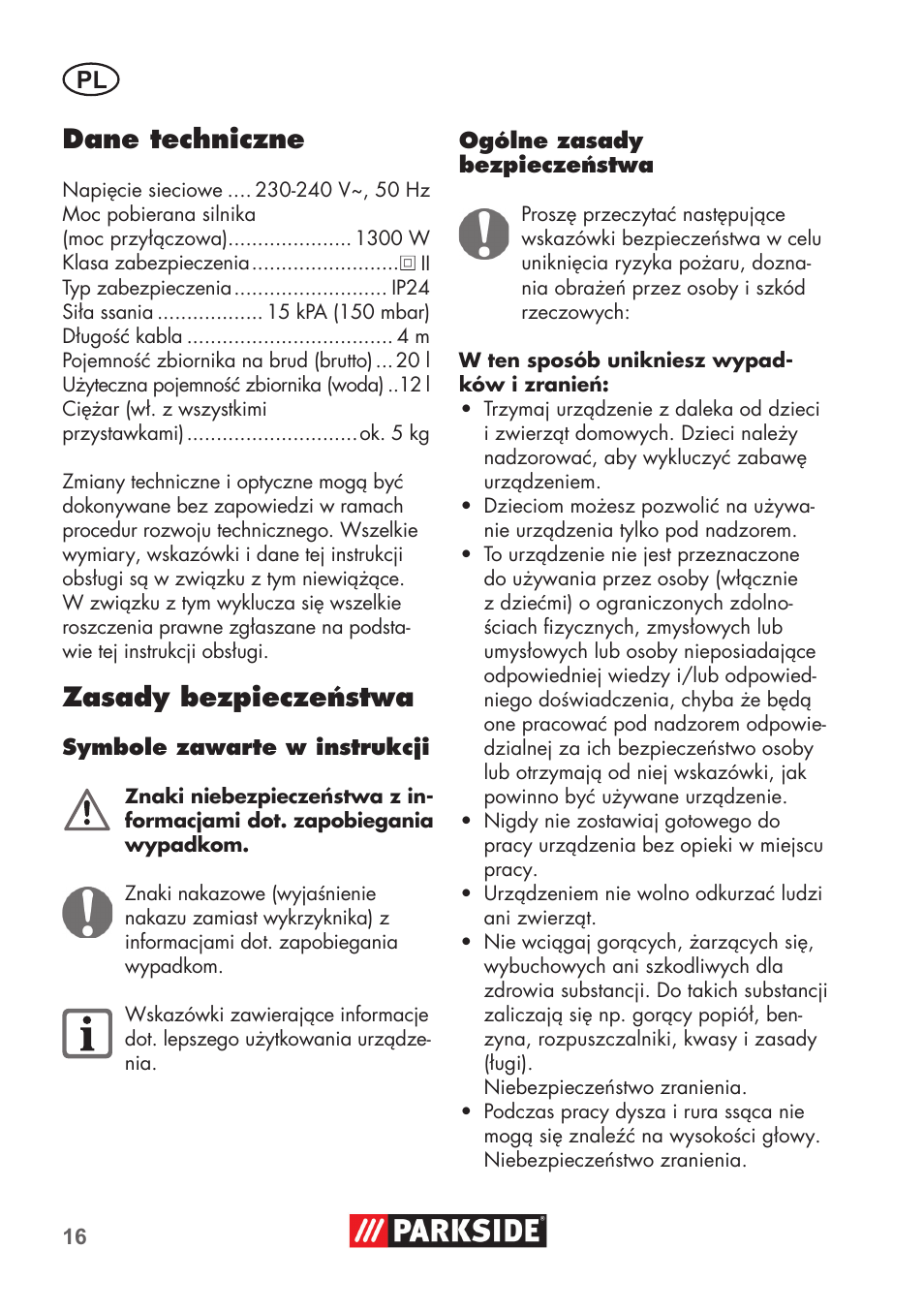 Dane techniczne, Zasady bezpieczeństwa | Parkside PNTS 1300 B2 User Manual | Page 16 / 68