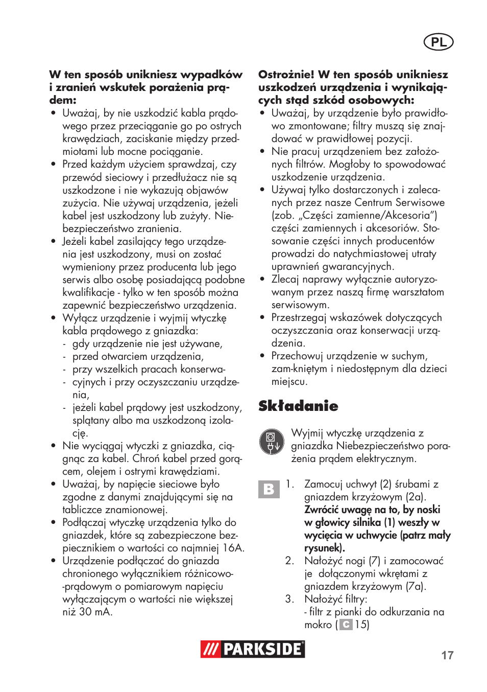 Składanie | Parkside PNTS 1300 B2 User Manual | Page 17 / 68