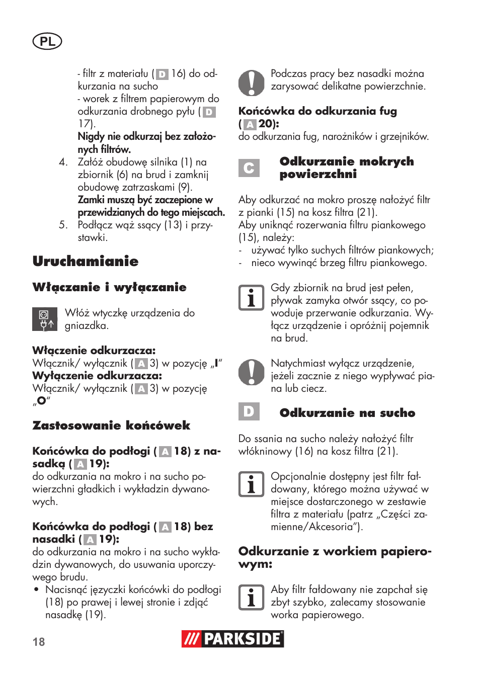 Uruchamianie | Parkside PNTS 1300 B2 User Manual | Page 18 / 68