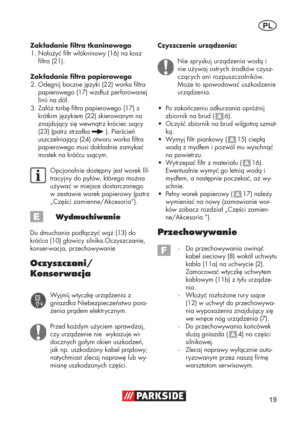 Oczyszczani/ konserwacja, Przechowywanie | Parkside PNTS 1300 B2 User Manual | Page 19 / 68