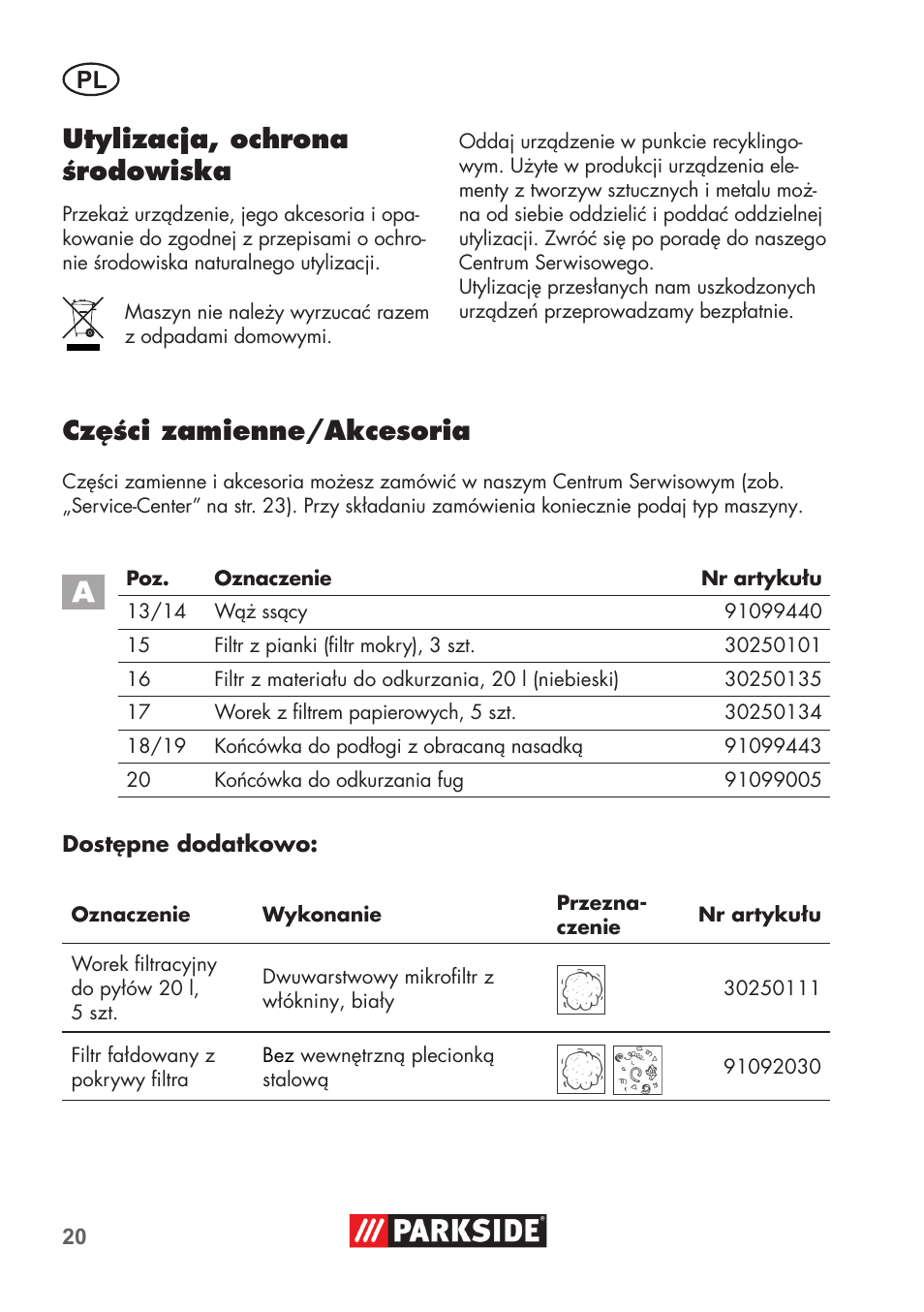 Utylizacja, ochrona środowiska, Części zamienne/akcesoria | Parkside PNTS 1300 B2 User Manual | Page 20 / 68