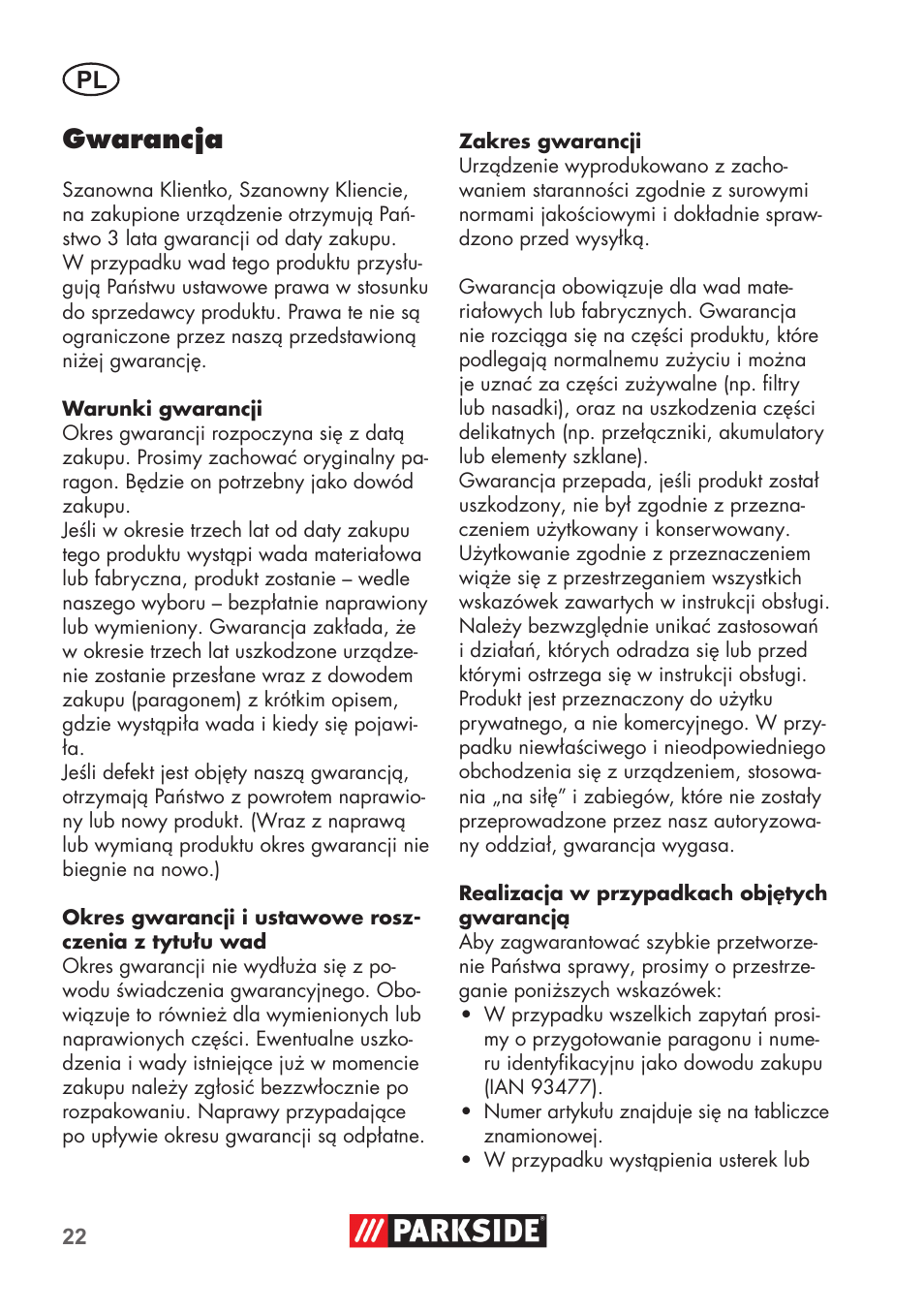 Gwarancja | Parkside PNTS 1300 B2 User Manual | Page 22 / 68