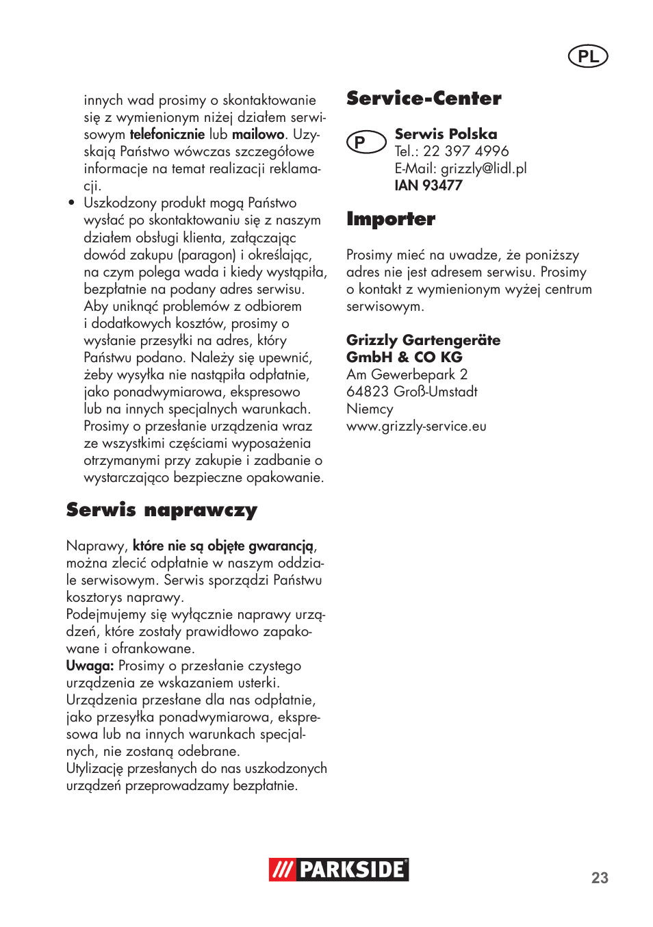 Serwis naprawczy, Service-center, Importer | Parkside PNTS 1300 B2 User Manual | Page 23 / 68