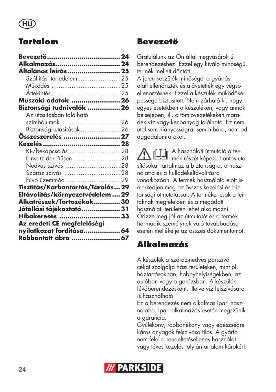 Tartalom, Bevezetö, Alkalmazás | Parkside PNTS 1300 B2 User Manual | Page 24 / 68