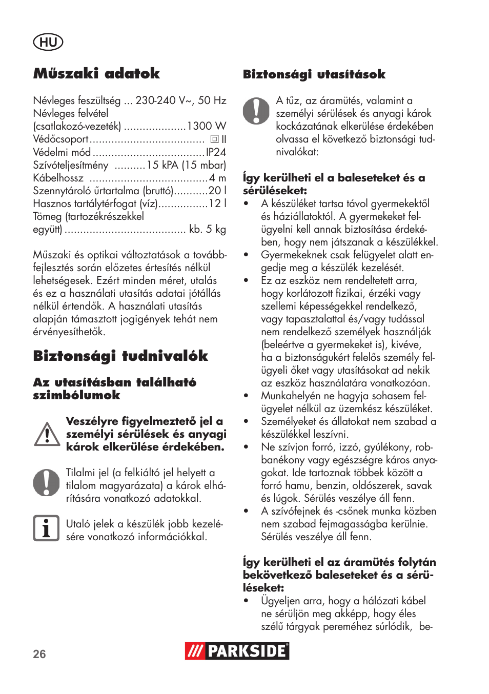 Műszaki adatok, Biztonsági tudnivalók | Parkside PNTS 1300 B2 User Manual | Page 26 / 68