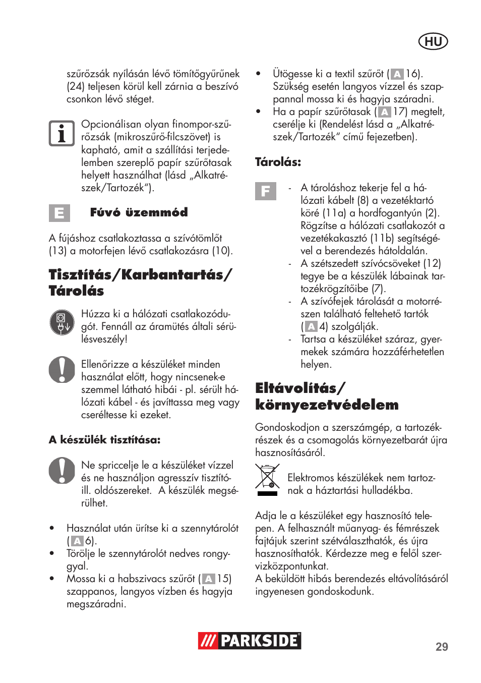 Tisztítás/karbantartás/ tárolás, Eltávolítás/ környezetvédelem | Parkside PNTS 1300 B2 User Manual | Page 29 / 68