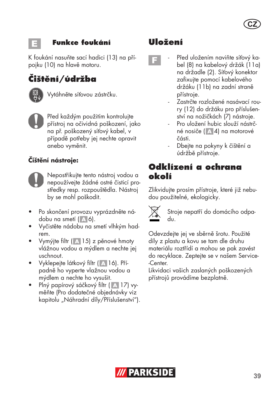 Čištění/údržba, Uložení, Odklízení a ochrana okolí | Parkside PNTS 1300 B2 User Manual | Page 39 / 68