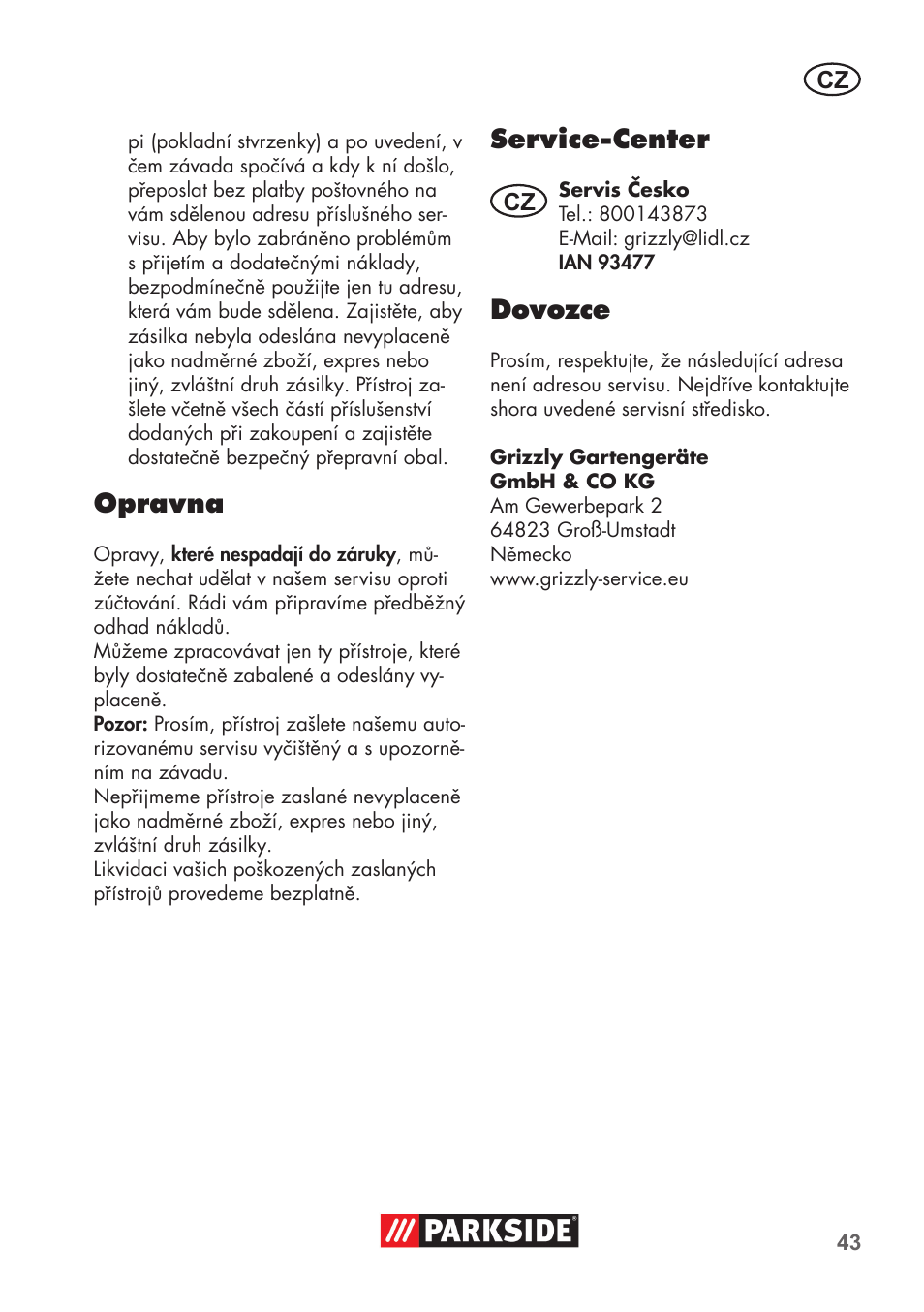 Opravna, Service-center, Dovozce | Parkside PNTS 1300 B2 User Manual | Page 43 / 68