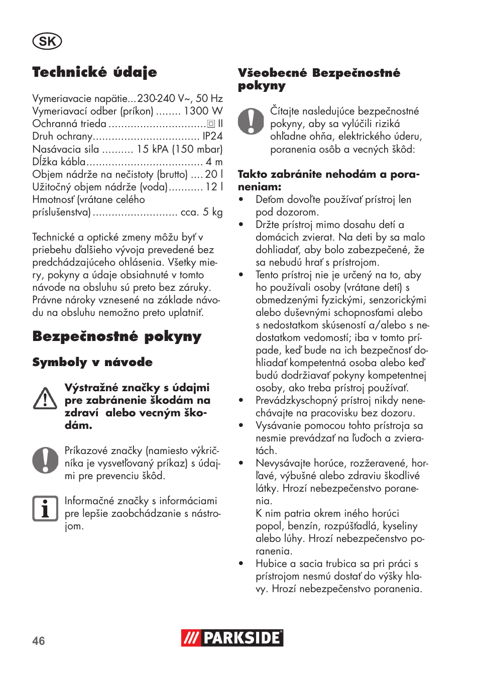 Technické údaje, Bezpečnostné pokyny | Parkside PNTS 1300 B2 User Manual | Page 46 / 68