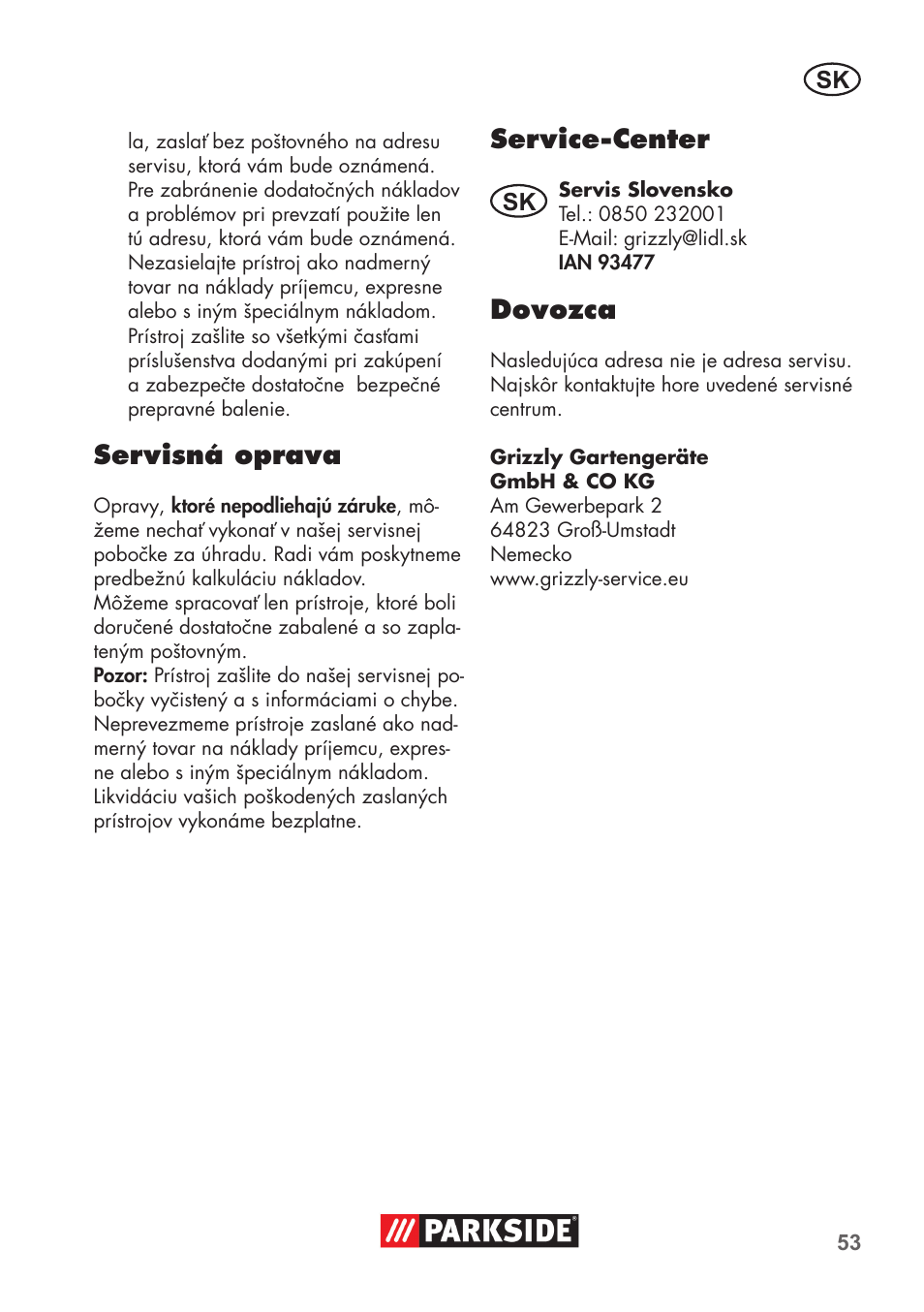 Servisná oprava, Service-center, Dovozca | Parkside PNTS 1300 B2 User Manual | Page 53 / 68