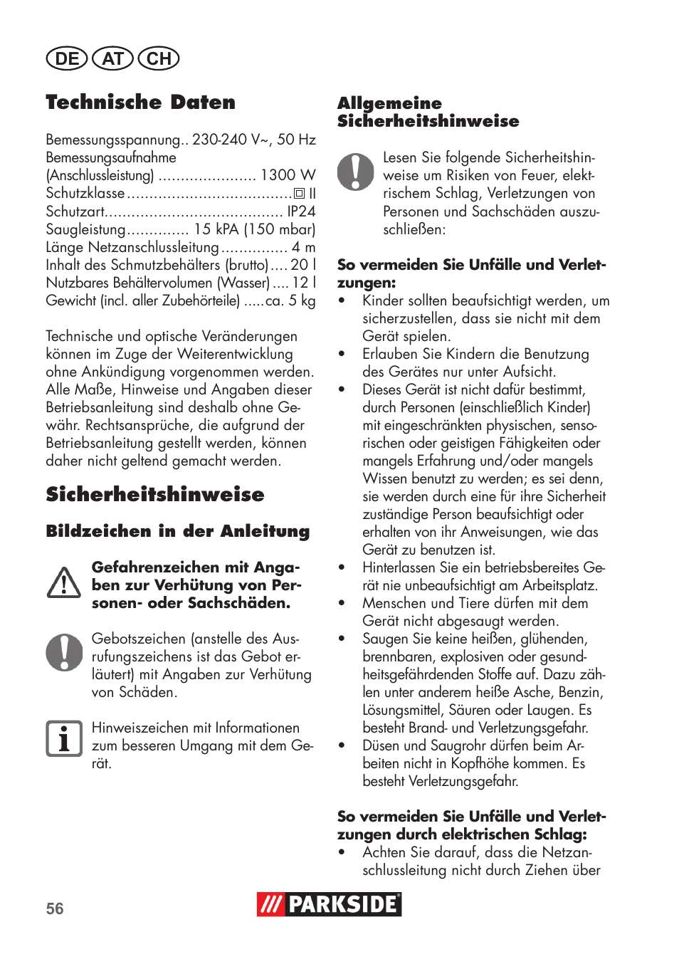 Technische daten, Sicherheitshinweise, De at ch | Parkside PNTS 1300 B2 User Manual | Page 56 / 68