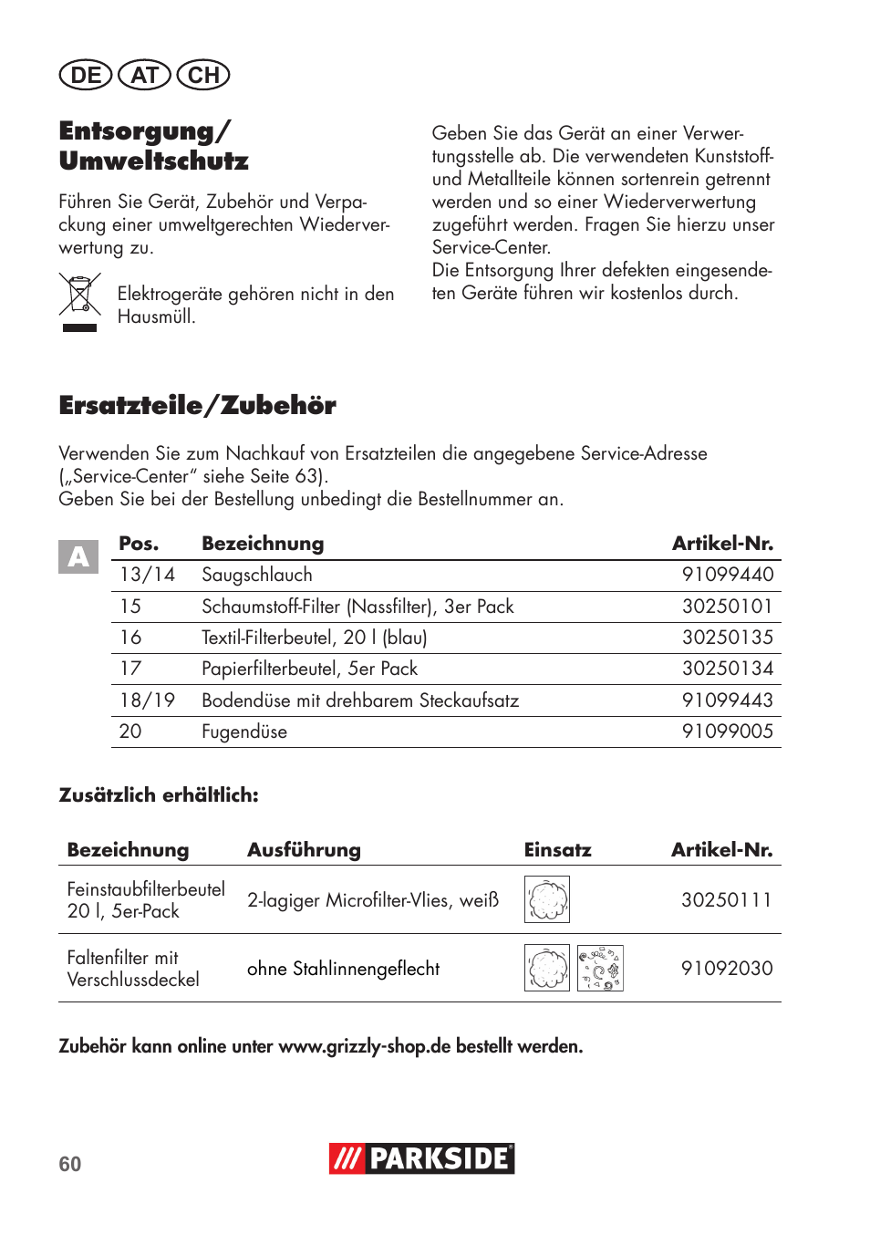 Entsorgung/ umweltschutz, Ersatzteile/zubehör, De at ch | Parkside PNTS 1300 B2 User Manual | Page 60 / 68