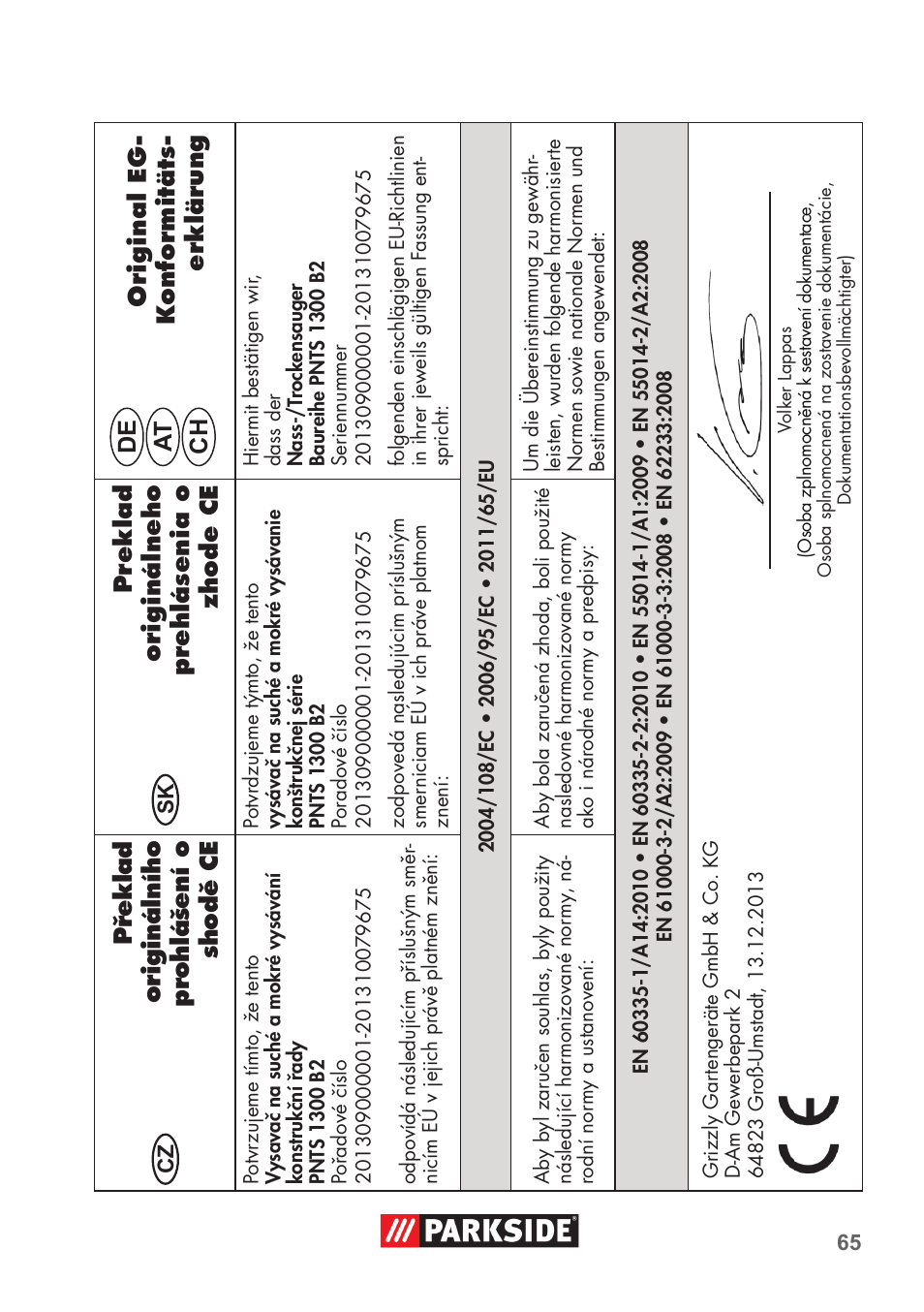 De at ch | Parkside PNTS 1300 B2 User Manual | Page 65 / 68