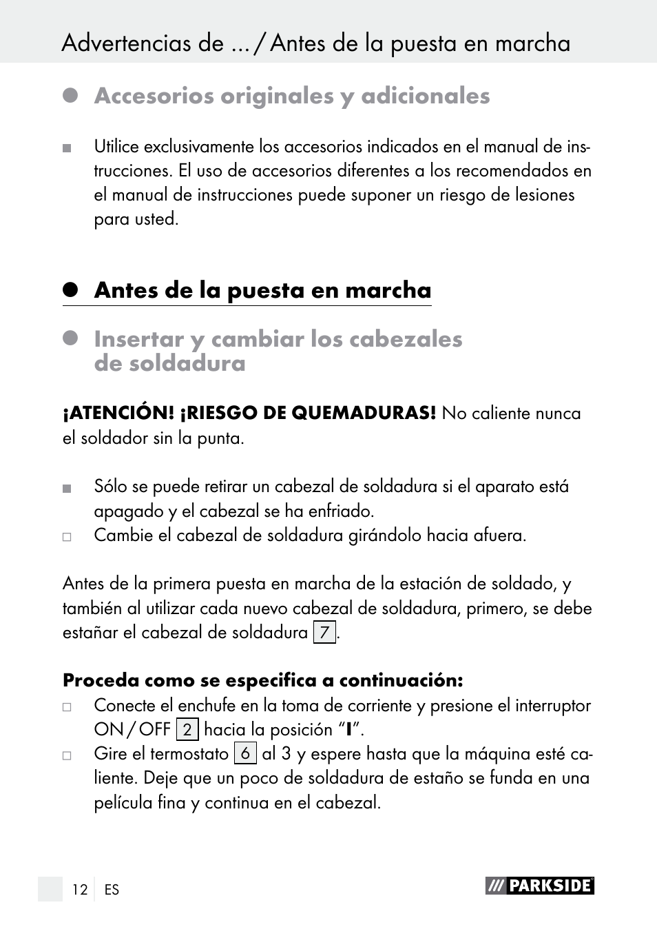 Accesorios originales y adicionales, Antes de la puesta en marcha, Insertar y cambiar los cabezales de soldadura | Parkside PLS 48 B1 User Manual | Page 12 / 75