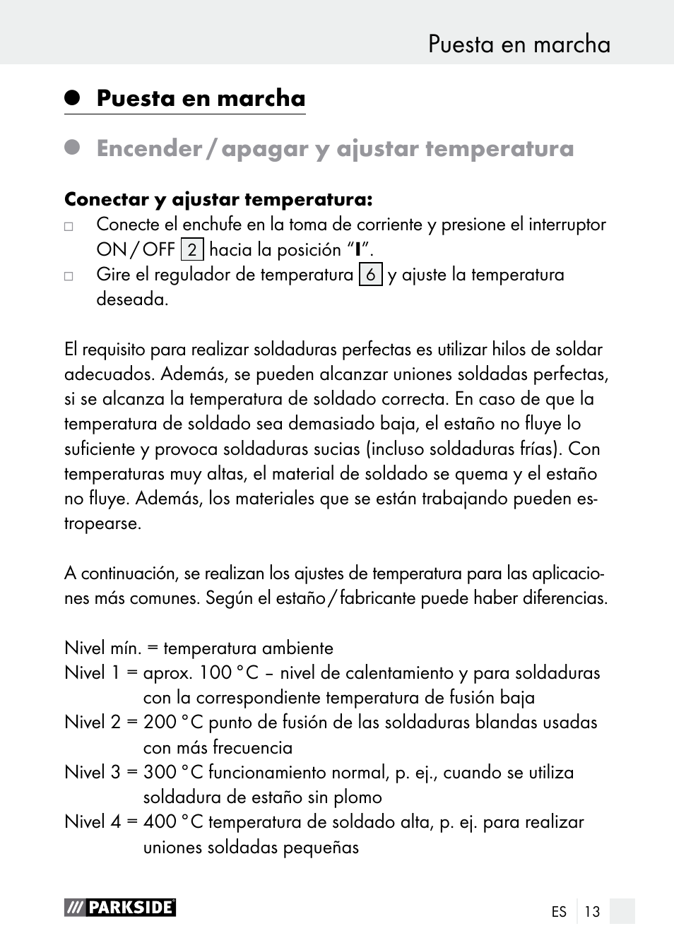 Puesta en marcha, Encender / apagar y ajustar temperatura | Parkside PLS 48 B1 User Manual | Page 13 / 75