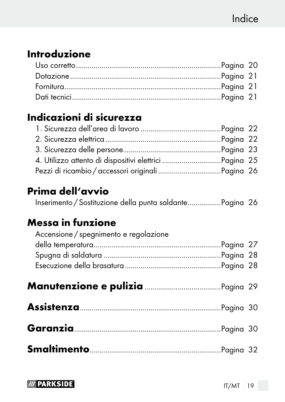 Indice, Introduzione, Indicazioni di sicurezza | Prima dell‘avvio, Messa in funzione, Manutenzione e pulizia, Assistenza, Garanzia, Smaltimento | Parkside PLS 48 B1 User Manual | Page 19 / 75