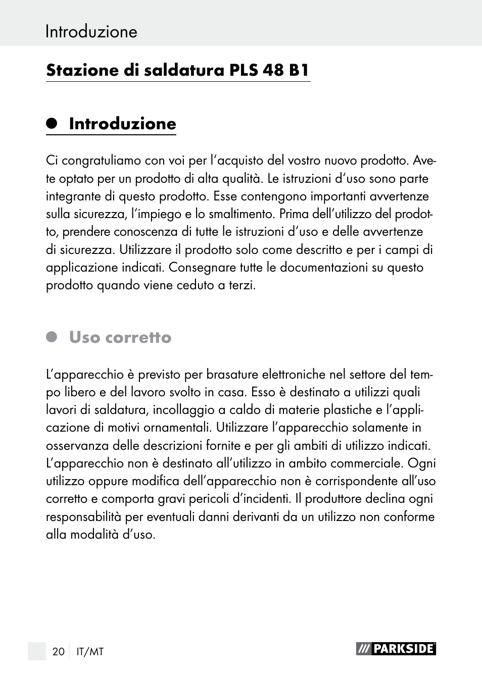 Introduzione, Stazione di saldatura pls 48 b1, Uso corretto | Parkside PLS 48 B1 User Manual | Page 20 / 75