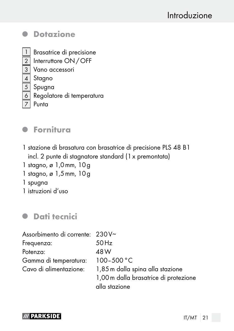 Introduzione, Dotazione, Fornitura | Dati tecnici | Parkside PLS 48 B1 User Manual | Page 21 / 75