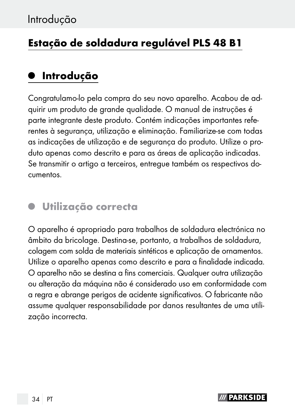 Introdução, Estação de soldadura regulável pls 48 b1, Utilização correcta | Parkside PLS 48 B1 User Manual | Page 34 / 75