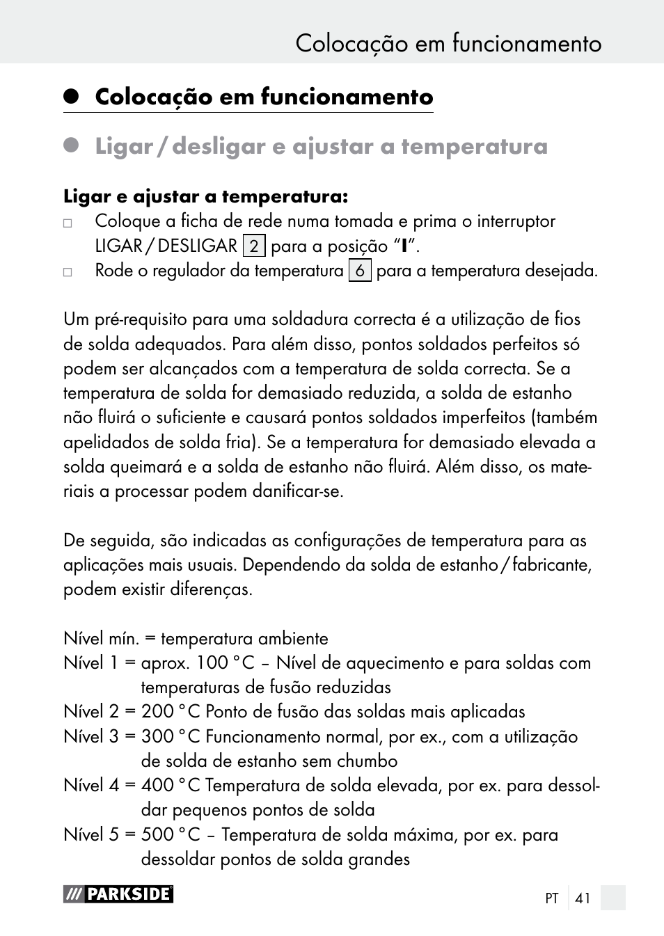 Colocação em funcionamento, Ligar / desligar e ajustar a temperatura | Parkside PLS 48 B1 User Manual | Page 41 / 75