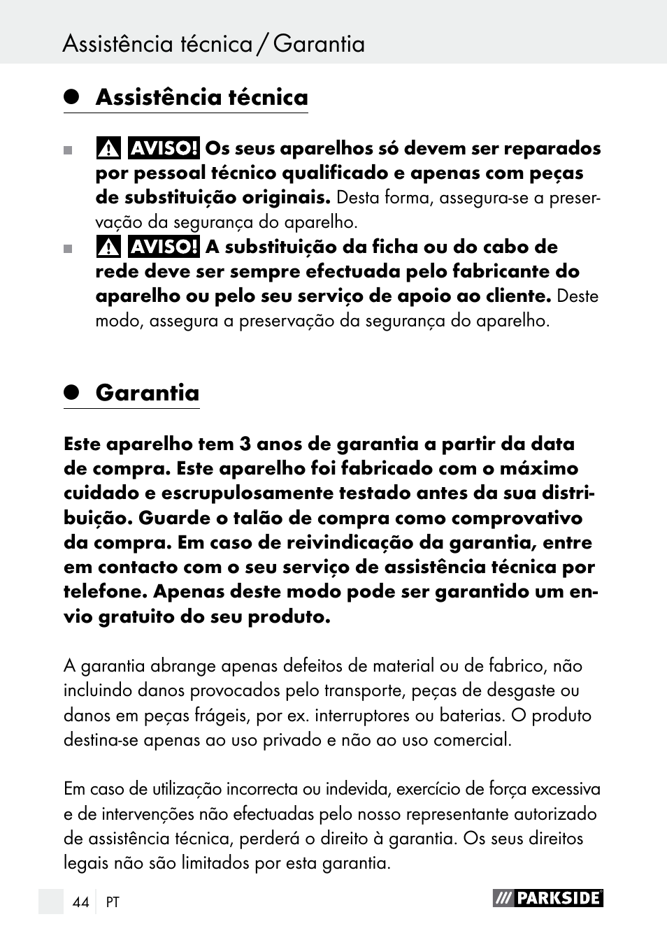 Assistência técnica, Garantia | Parkside PLS 48 B1 User Manual | Page 44 / 75