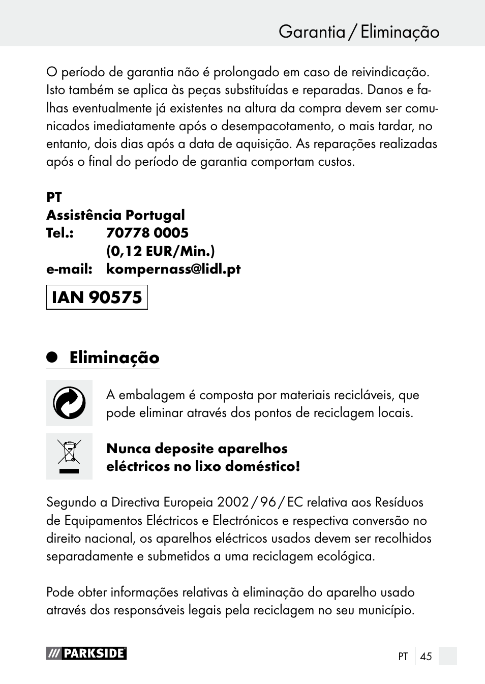 Eliminação | Parkside PLS 48 B1 User Manual | Page 45 / 75