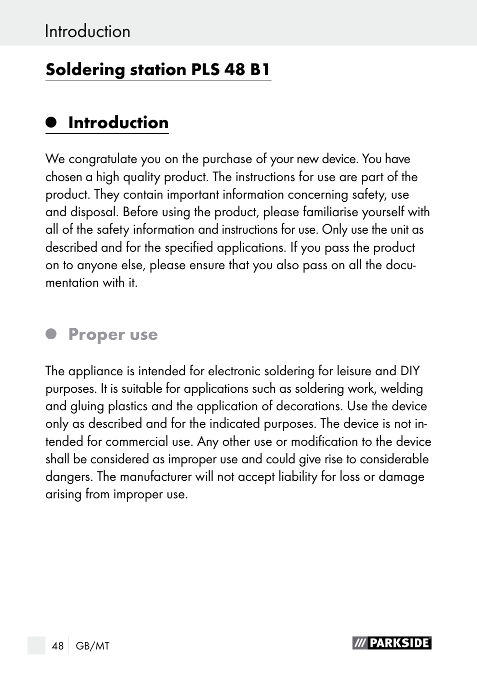 Introduction, Soldering station pls 48 b1, Proper use | Parkside PLS 48 B1 User Manual | Page 48 / 75