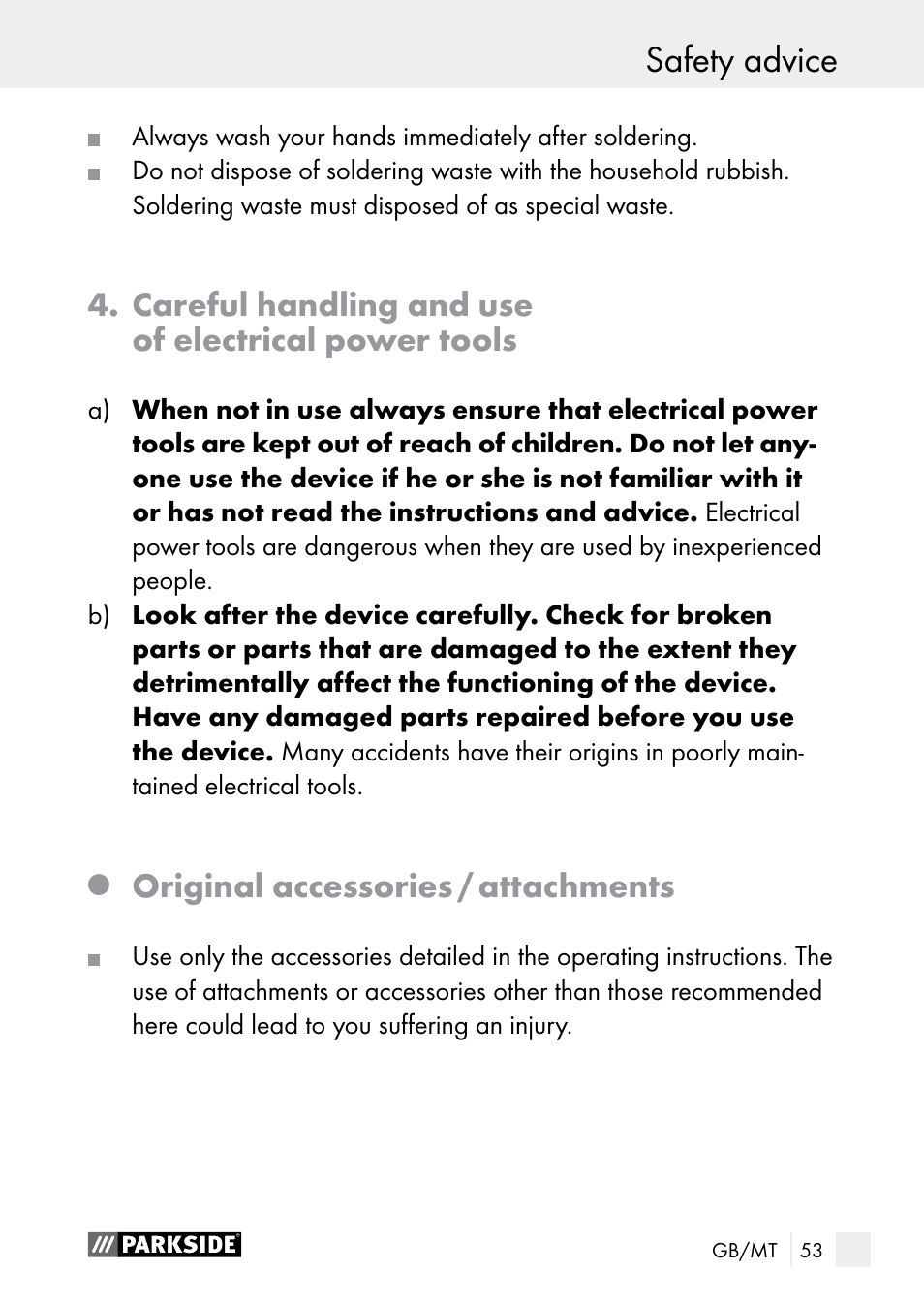 Safety advice, Careful handling and use of electrical power tools, Original accessories / attachments | Parkside PLS 48 B1 User Manual | Page 53 / 75