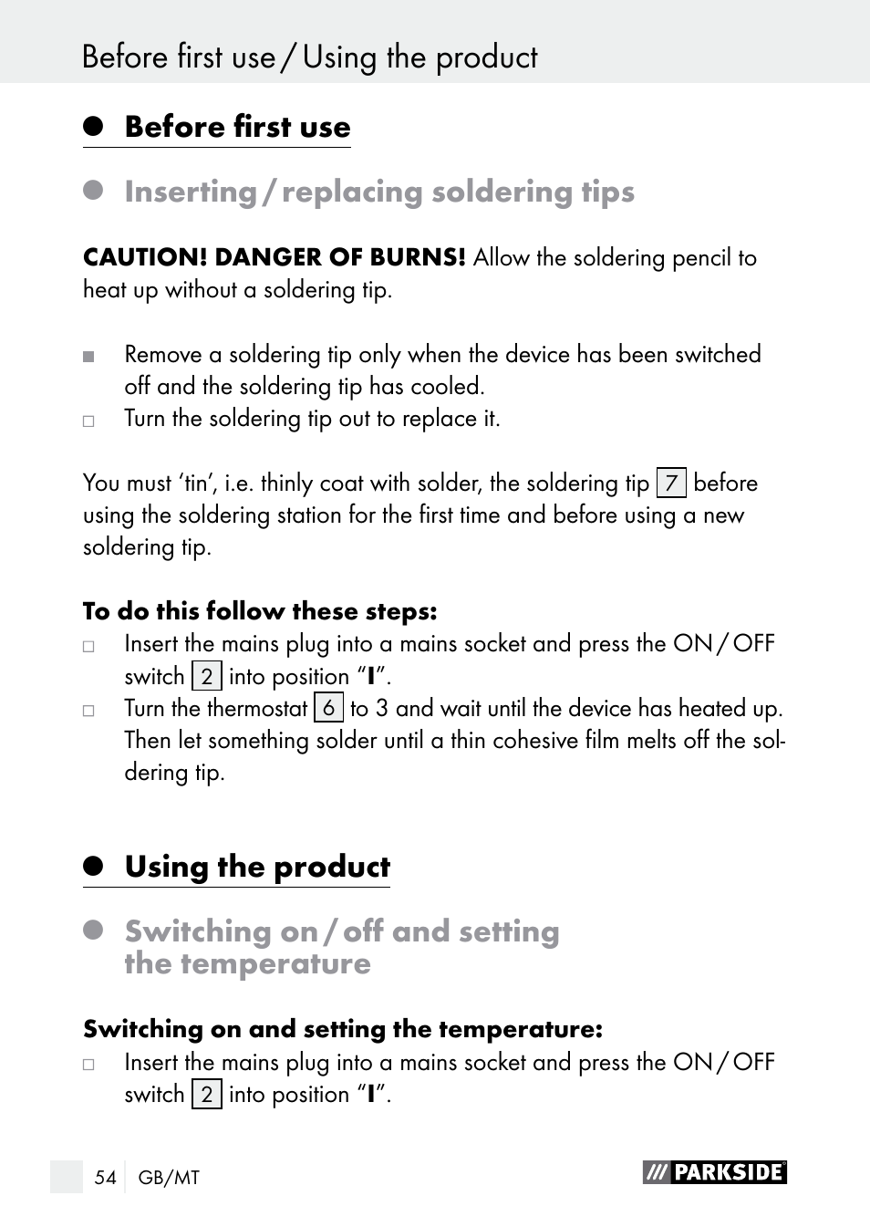 Before first use, Inserting / replacing soldering tips, Using the product | Switching on / off and setting the temperature | Parkside PLS 48 B1 User Manual | Page 54 / 75