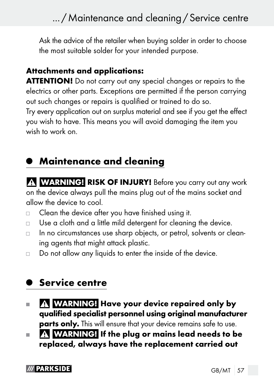 Maintenance and cleaning / service centre, Maintenance and cleaning, Service centre | Parkside PLS 48 B1 User Manual | Page 57 / 75