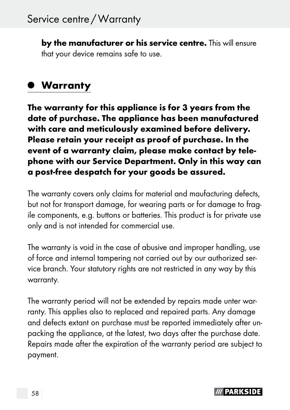 Warranty / disposal service centre / warranty, Warranty | Parkside PLS 48 B1 User Manual | Page 58 / 75