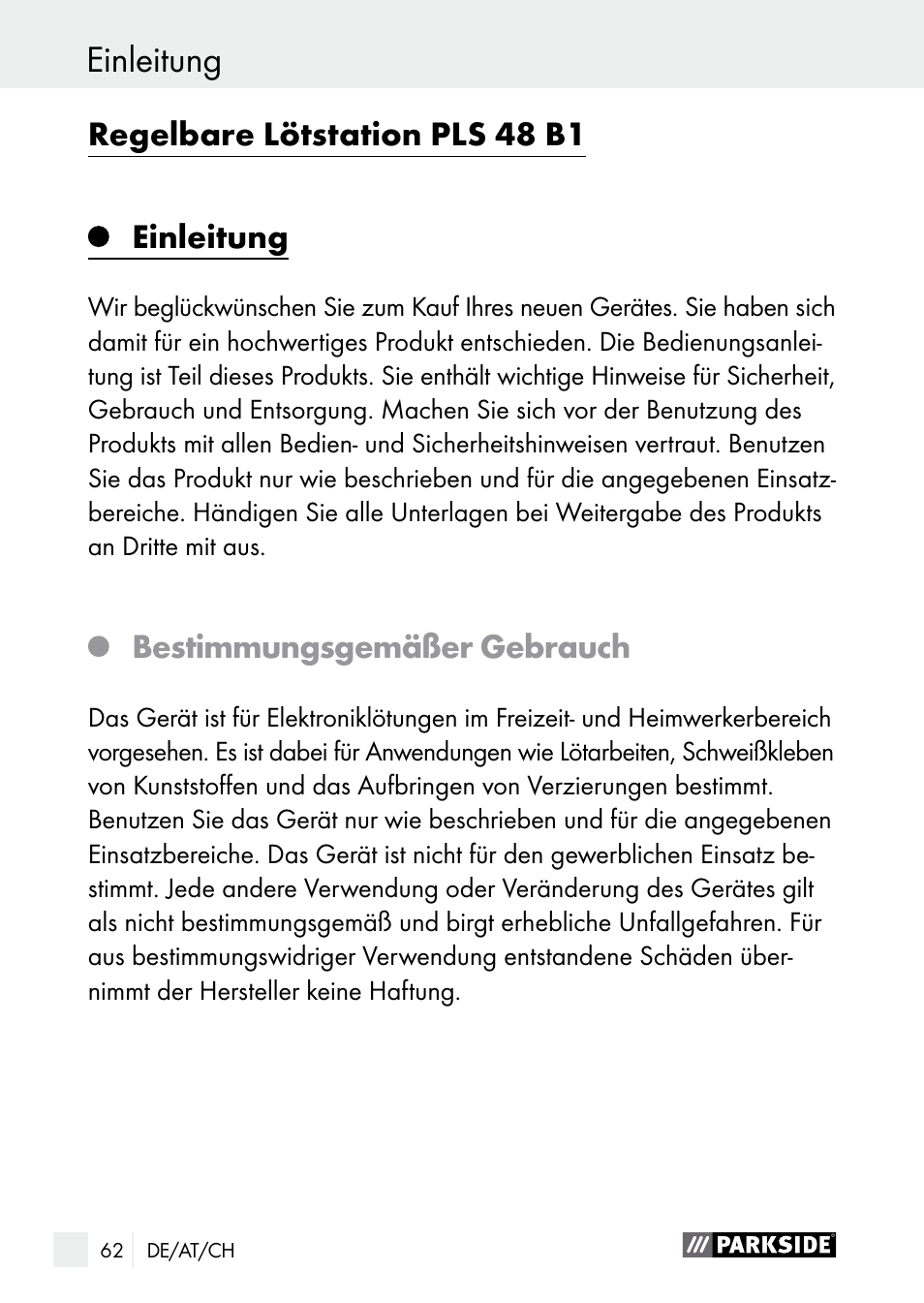 Einleitung, Regelbare lötstation pls 48 b1, Bestimmungsgemäßer gebrauch | Parkside PLS 48 B1 User Manual | Page 62 / 75