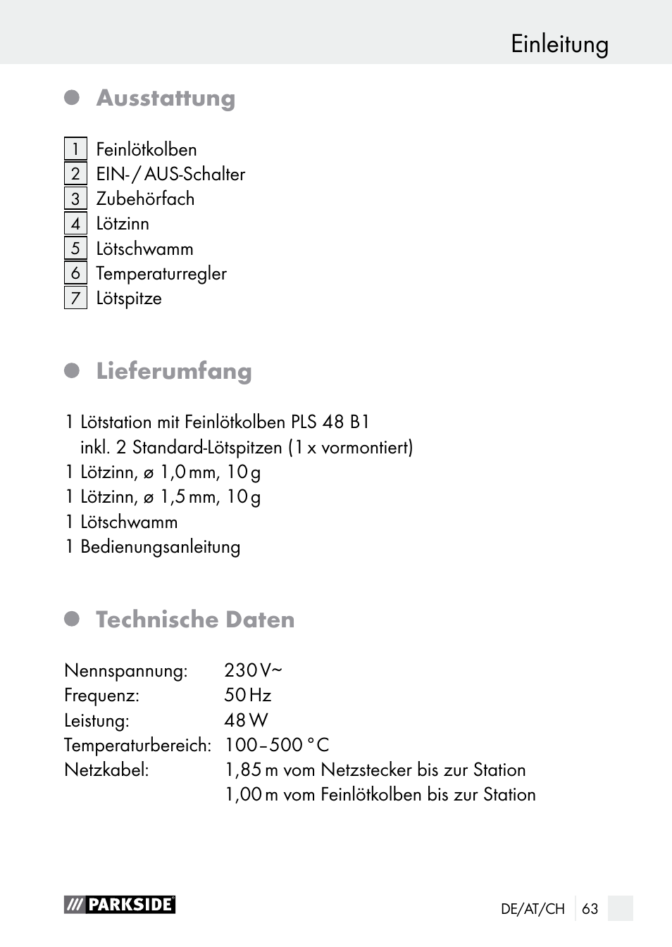 Einleitung, Ausstattung, Lieferumfang | Technische daten | Parkside PLS 48 B1 User Manual | Page 63 / 75