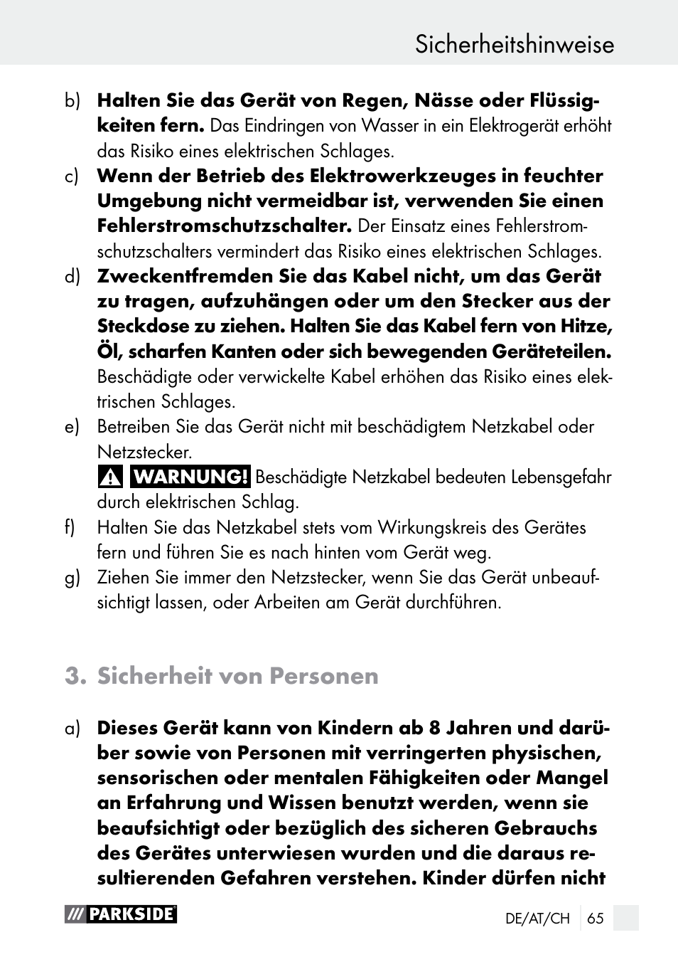 Sicherheitshinweise, Sicherheit von personen | Parkside PLS 48 B1 User Manual | Page 65 / 75