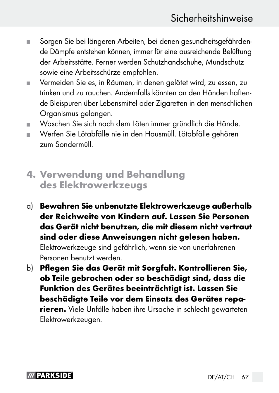 Sicherheitshinweise, Verwendung und behandlung des elektrowerkzeugs | Parkside PLS 48 B1 User Manual | Page 67 / 75