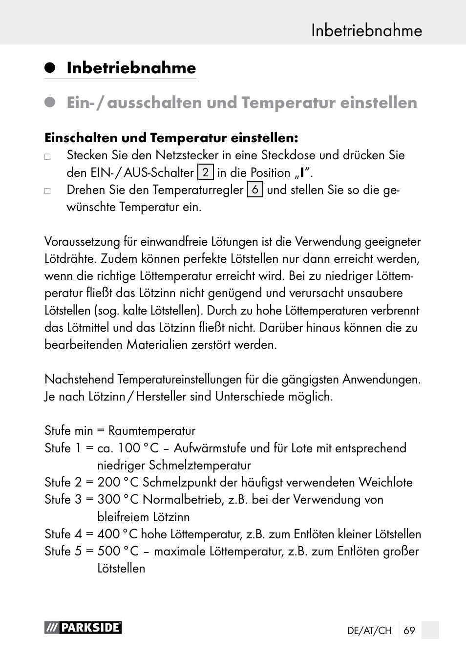 Inbetriebnahme, Sicherheitshinweise / vor der inbetriebnahme, Ein- / ausschalten und temperatur einstellen | Parkside PLS 48 B1 User Manual | Page 69 / 75