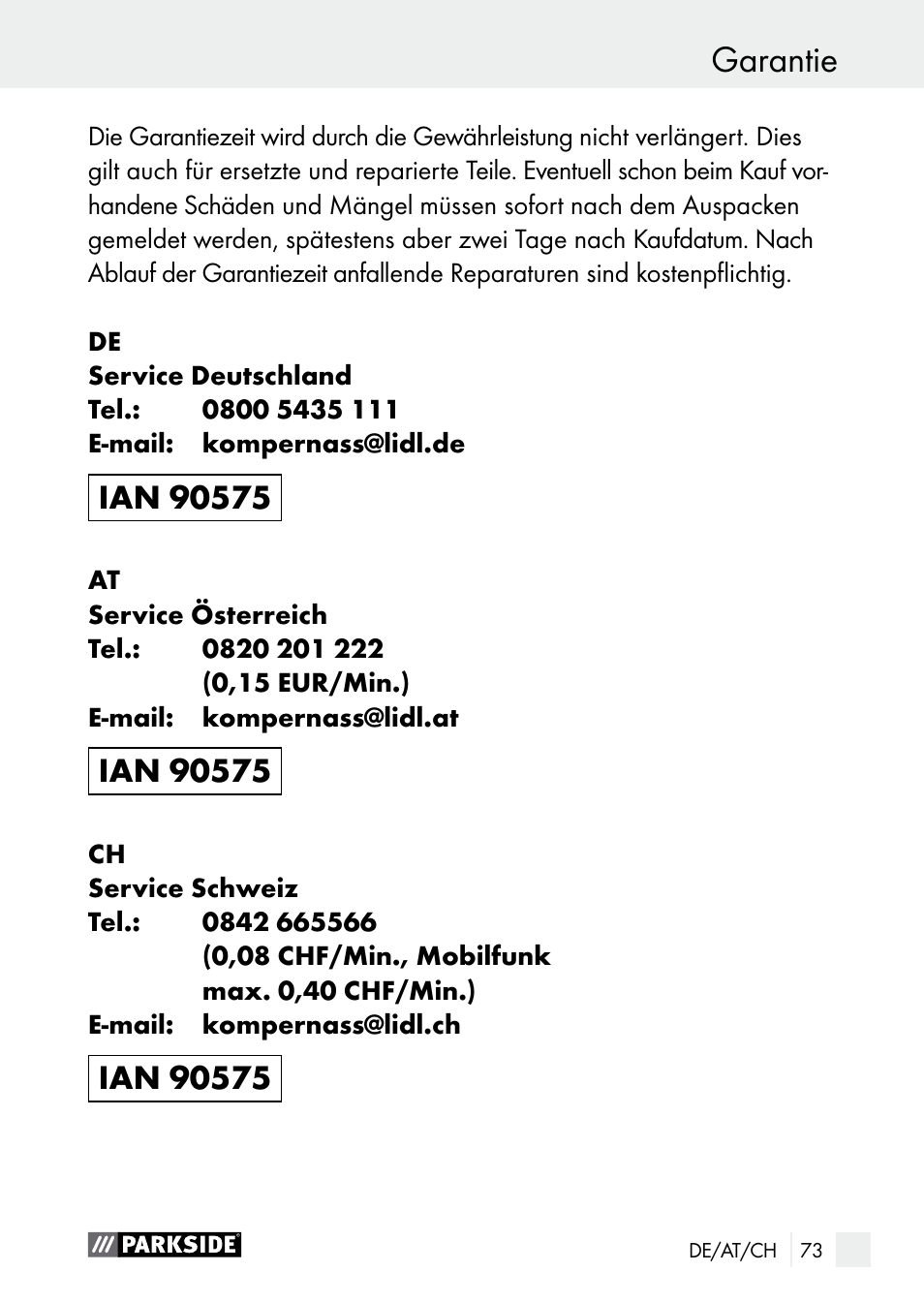Garantie service / garantie | Parkside PLS 48 B1 User Manual | Page 73 / 75