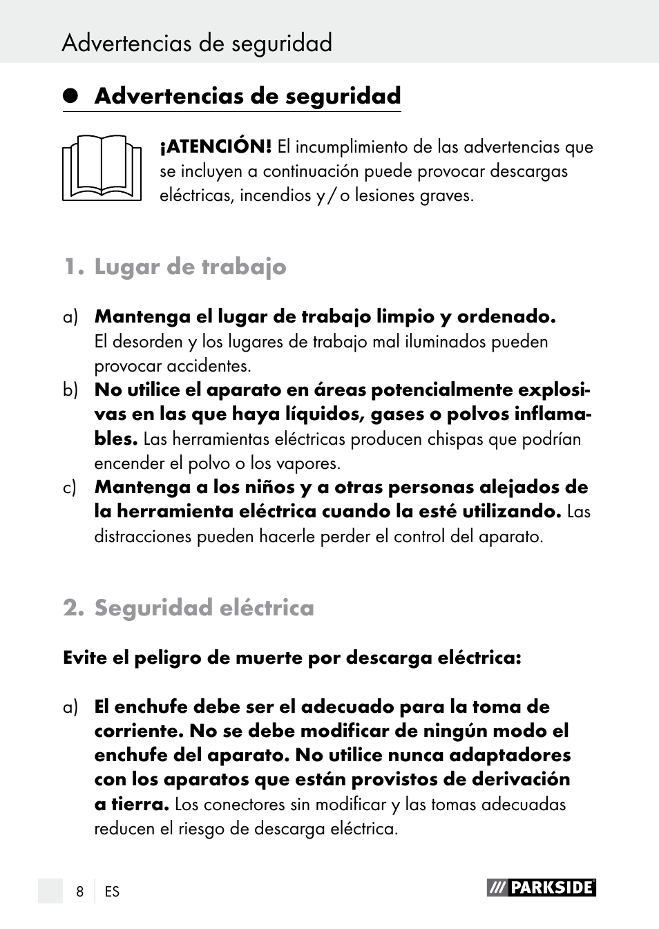 Advertencias de seguridad, Lugar de trabajo, Seguridad eléctrica | Parkside PLS 48 B1 User Manual | Page 8 / 75